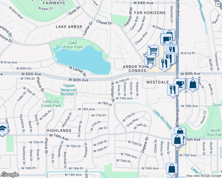 map of restaurants, bars, coffee shops, grocery stores, and more near 7947 North Harlan Street in Arvada