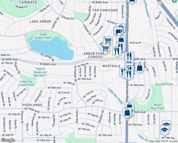 map of restaurants, bars, coffee shops, grocery stores, and more near 7939 Eaton Street in Arvada