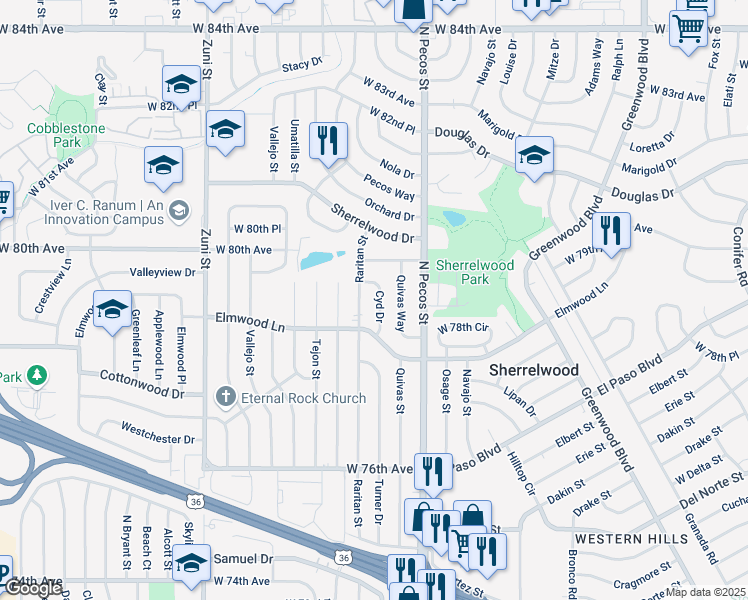 map of restaurants, bars, coffee shops, grocery stores, and more near 7906 Cyd Drive in Denver