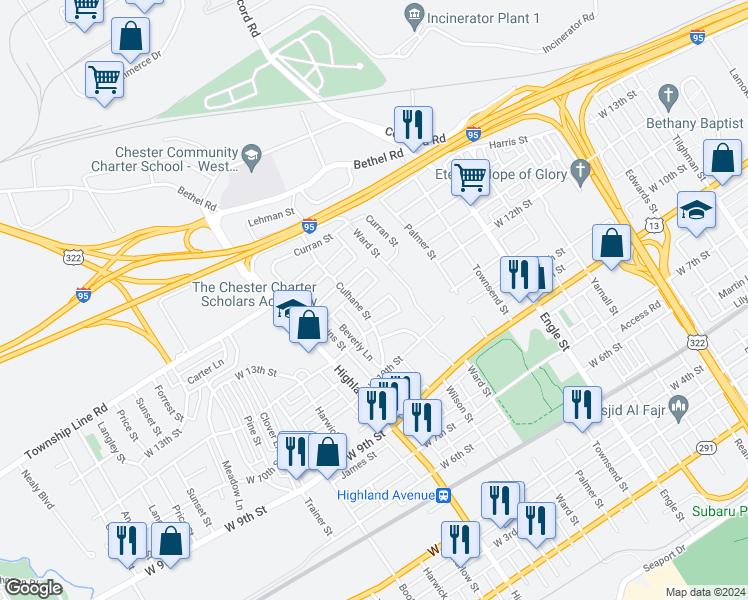 map of restaurants, bars, coffee shops, grocery stores, and more near 2616 Boyle Street in Chester