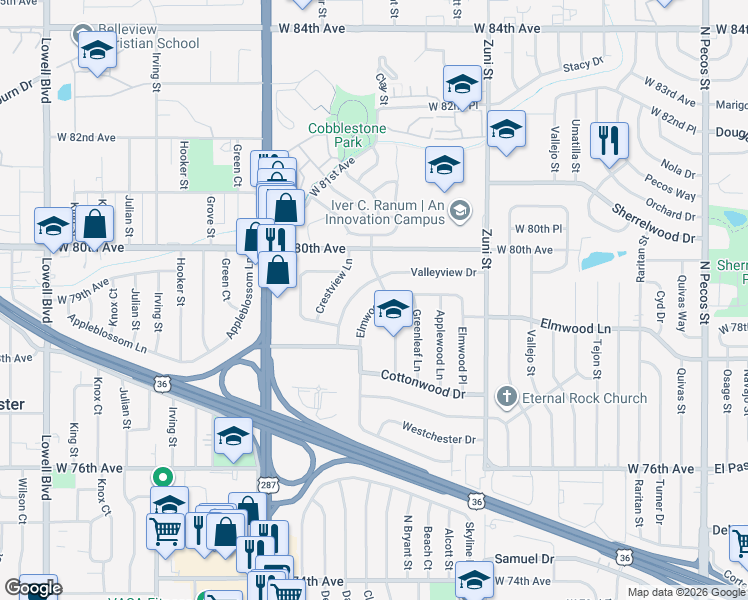 map of restaurants, bars, coffee shops, grocery stores, and more near 7900 Valleyview Drive in Denver