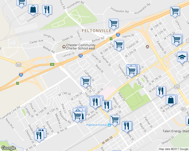map of restaurants, bars, coffee shops, grocery stores, and more near 2616 Boyle Street in Chester