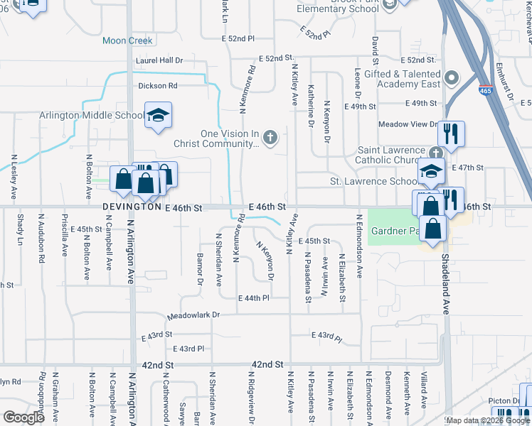 map of restaurants, bars, coffee shops, grocery stores, and more near 6509 East 46th Street in Indianapolis
