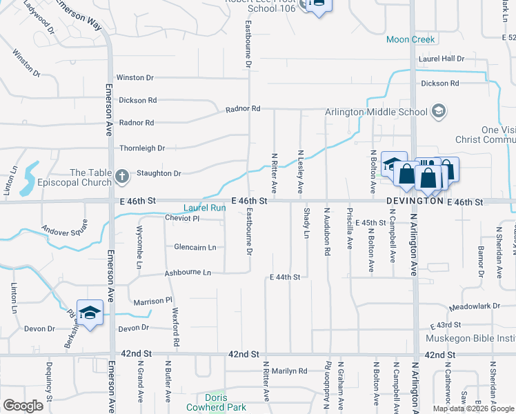 map of restaurants, bars, coffee shops, grocery stores, and more near 4555 Eastbourne Drive in Indianapolis