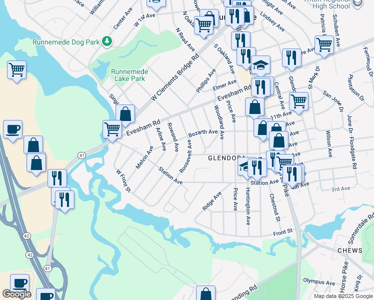 map of restaurants, bars, coffee shops, grocery stores, and more near 809 Roosevelt Avenue in Gloucester Township