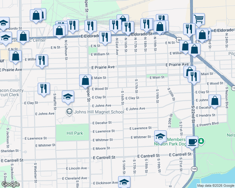 map of restaurants, bars, coffee shops, grocery stores, and more near 1400-1546 E Clay St in Decatur