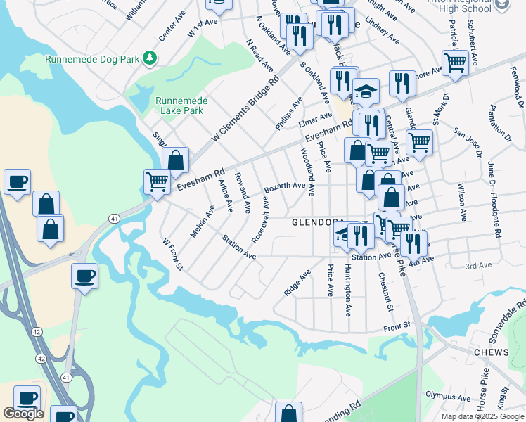 map of restaurants, bars, coffee shops, grocery stores, and more near 809 Roosevelt Avenue in Gloucester Township