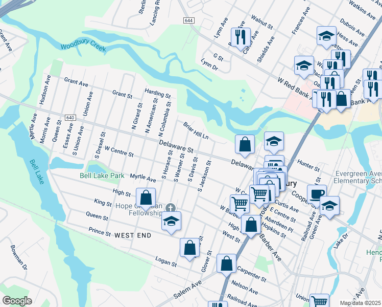 map of restaurants, bars, coffee shops, grocery stores, and more near 247 Delaware Street in Woodbury