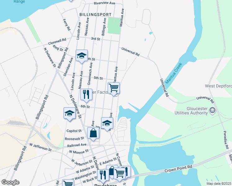 map of restaurants, bars, coffee shops, grocery stores, and more near 535 Mantua Avenue in Paulsboro