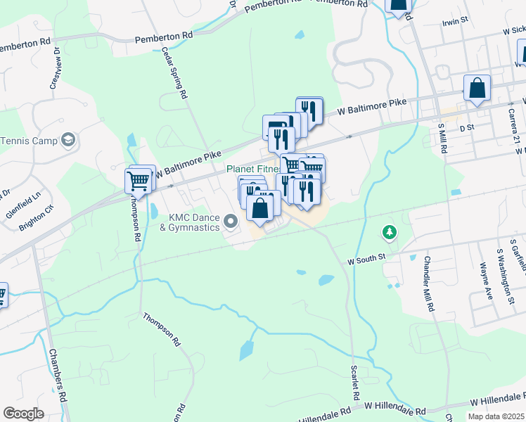 map of restaurants, bars, coffee shops, grocery stores, and more near 350 Scarlet Road in Kennett Square