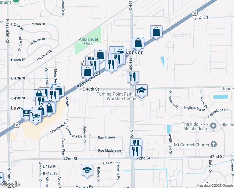 map of restaurants, bars, coffee shops, grocery stores, and more near 8945 East 46th Street in Indianapolis