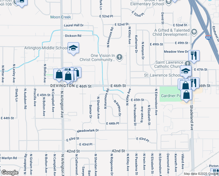 map of restaurants, bars, coffee shops, grocery stores, and more near 4511 North Kenmore Road in Indianapolis