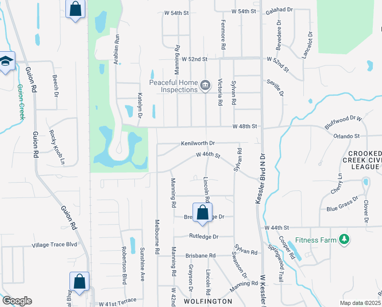 map of restaurants, bars, coffee shops, grocery stores, and more near 3414 West 46th Street in Indianapolis