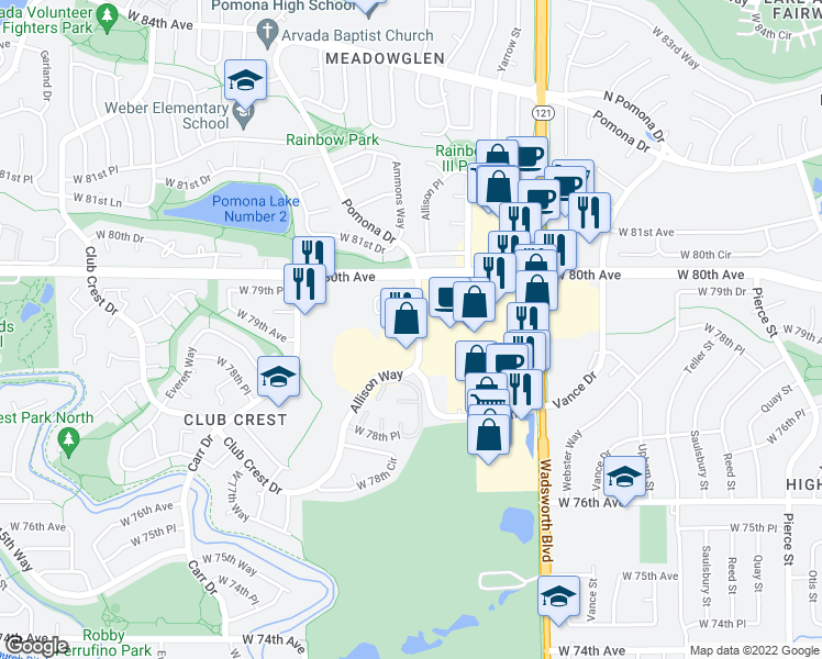 map of restaurants, bars, coffee shops, grocery stores, and more near 7955 Allison Way in Arvada