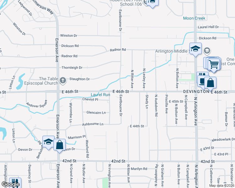 map of restaurants, bars, coffee shops, grocery stores, and more near 4560 Eastbourne Drive in Indianapolis