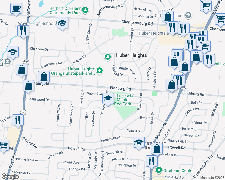 map of restaurants, bars, coffee shops, grocery stores, and more near 5130 Fishburg Road in Dayton