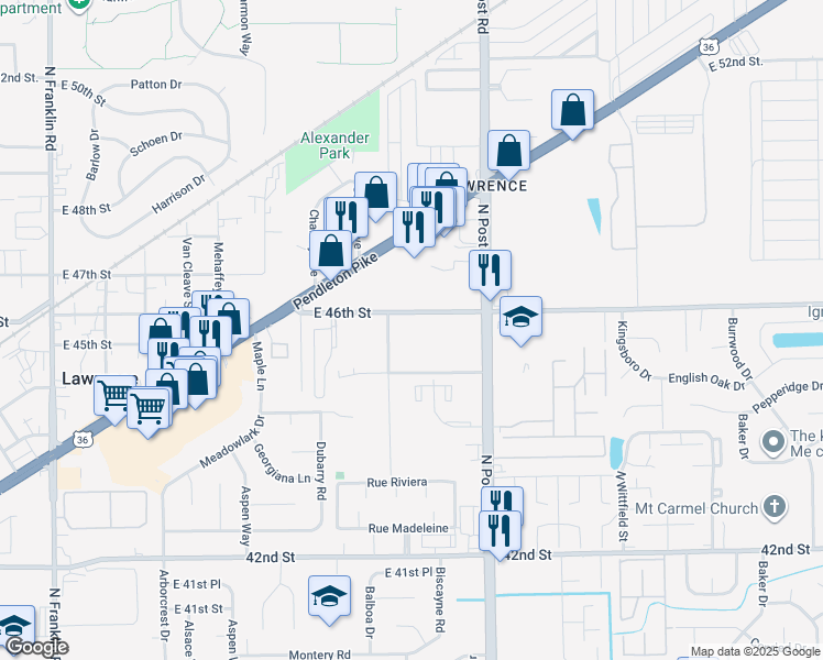 map of restaurants, bars, coffee shops, grocery stores, and more near 8821 East 46th Street in Indianapolis