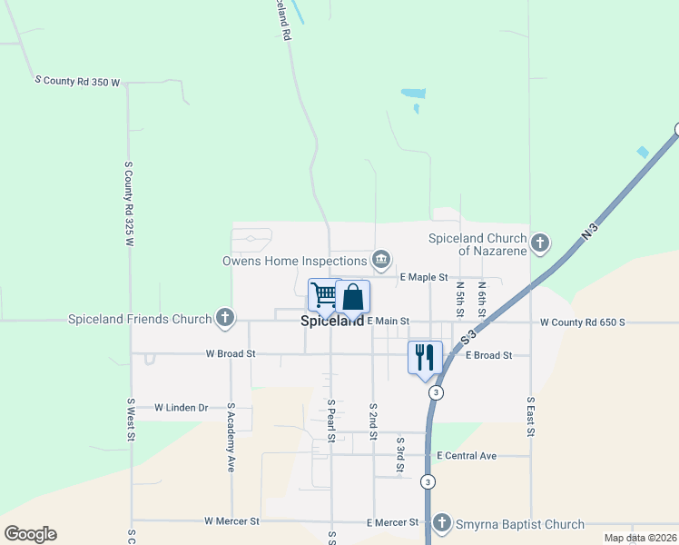 map of restaurants, bars, coffee shops, grocery stores, and more near 108 East Maple Street in Spiceland