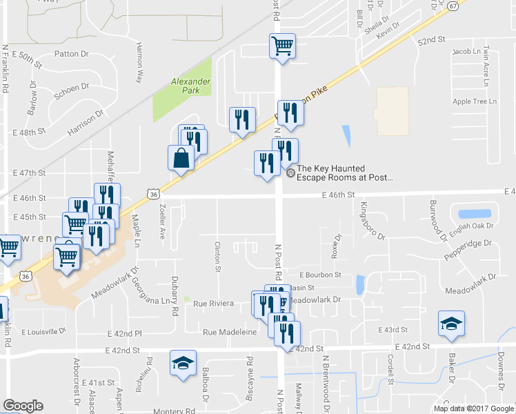 map of restaurants, bars, coffee shops, grocery stores, and more near 8945 East 46th Street in Indianapolis