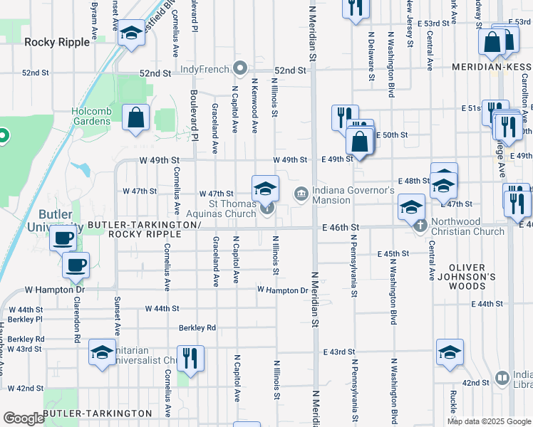 map of restaurants, bars, coffee shops, grocery stores, and more near 4625 North Kenwood Avenue in Indianapolis
