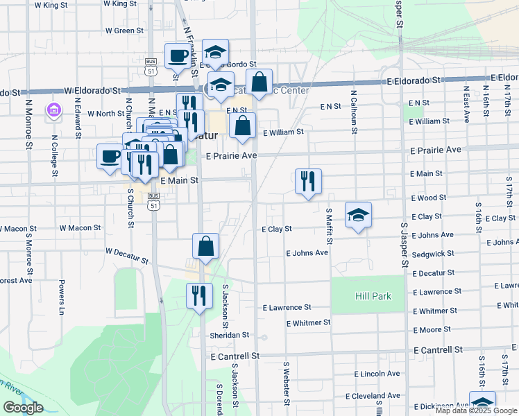 map of restaurants, bars, coffee shops, grocery stores, and more near 601 East Wood Street in Decatur