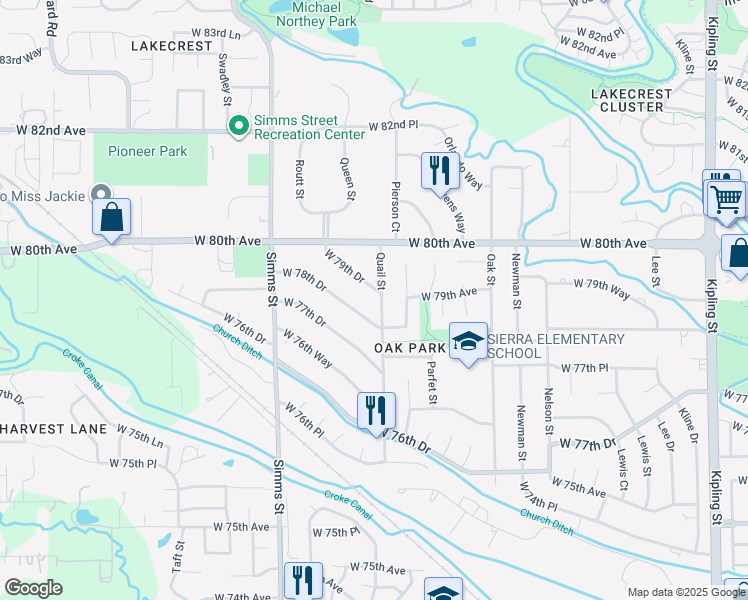 map of restaurants, bars, coffee shops, grocery stores, and more near 7885 Quail Street in Arvada