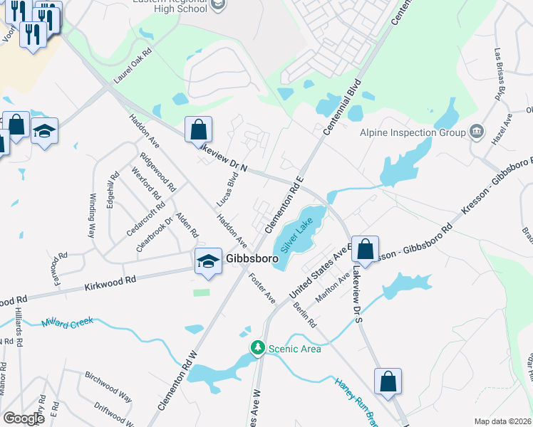 map of restaurants, bars, coffee shops, grocery stores, and more near 3 Clementon Road East in Gibbsboro