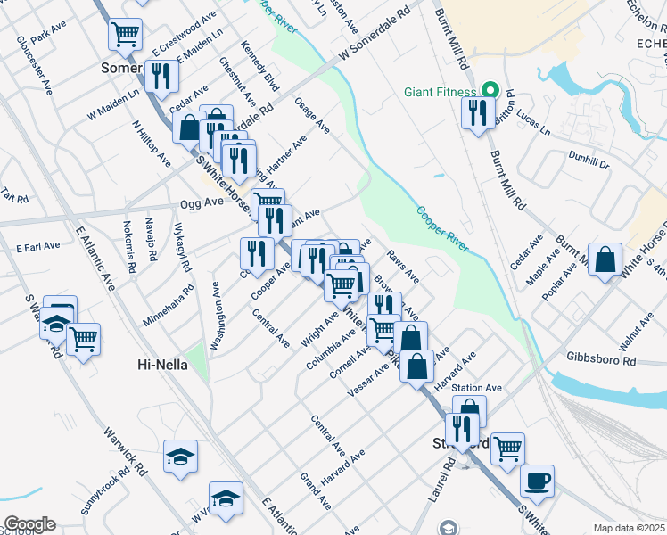 map of restaurants, bars, coffee shops, grocery stores, and more near 6 Amhurst Avenue in Somerdale
