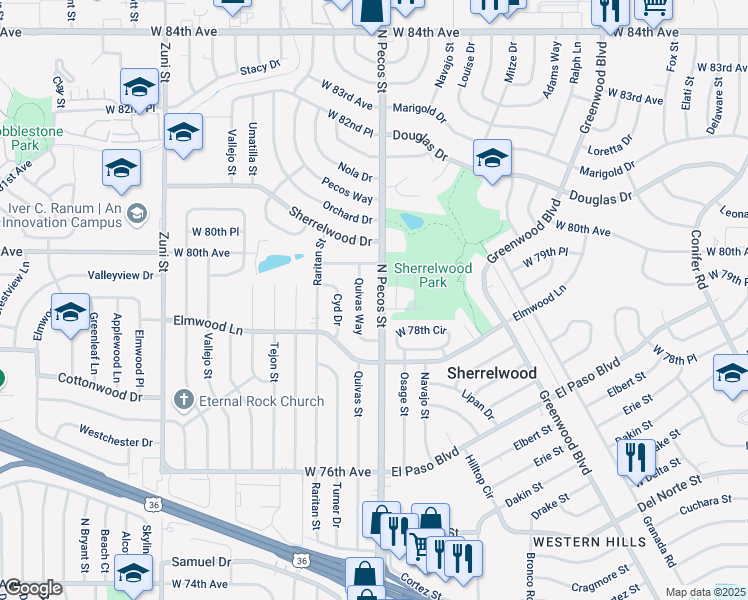 map of restaurants, bars, coffee shops, grocery stores, and more near 7901 Osage Street in Thornton