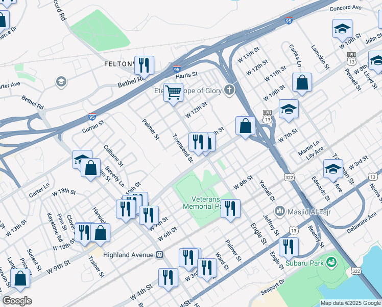 map of restaurants, bars, coffee shops, grocery stores, and more near 1001-1005 Townsend Street in Chester