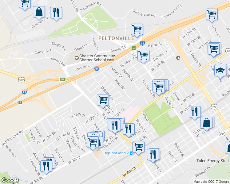 map of restaurants, bars, coffee shops, grocery stores, and more near 2612 Boyle Street in Chester