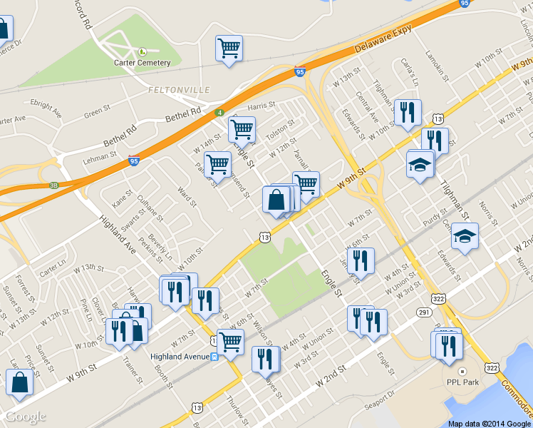 map of restaurants, bars, coffee shops, grocery stores, and more near 1001-1005 Townsend Street in Chester