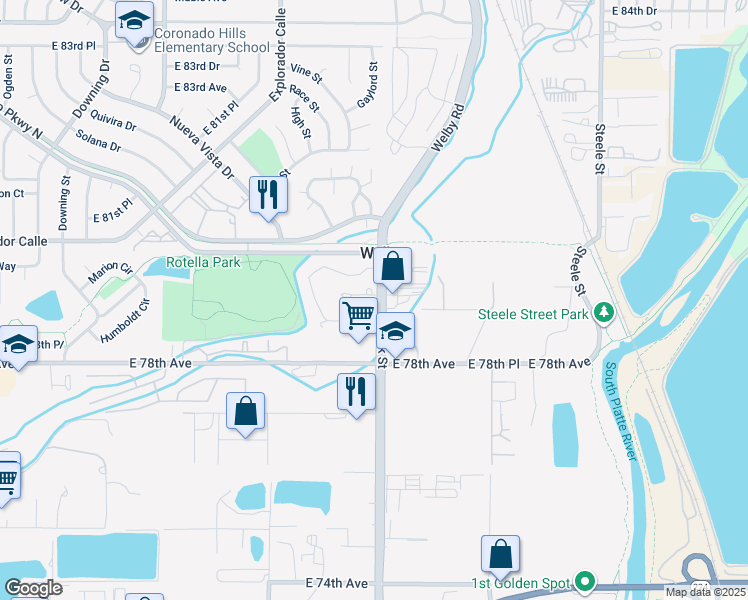 map of restaurants, bars, coffee shops, grocery stores, and more near 7901 York Street in Denver