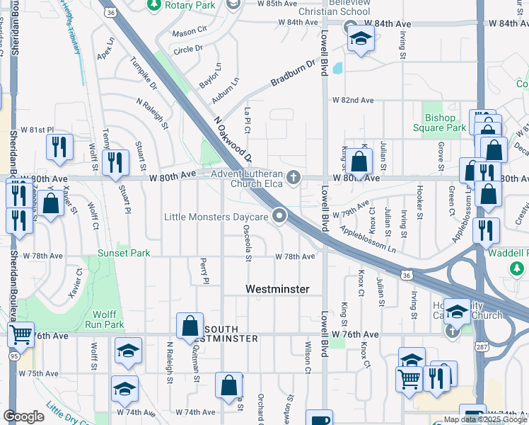 map of restaurants, bars, coffee shops, grocery stores, and more near 7900 Maria Street in Westminster