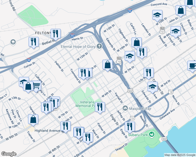 map of restaurants, bars, coffee shops, grocery stores, and more near 731 Jeffrey Street in Chester