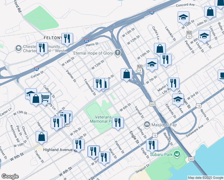map of restaurants, bars, coffee shops, grocery stores, and more near 731 Jeffrey Street in Chester