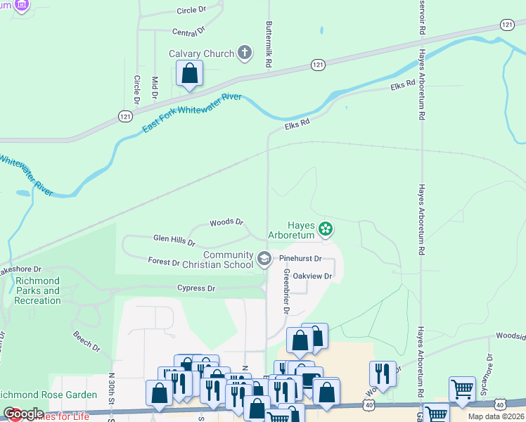map of restaurants, bars, coffee shops, grocery stores, and more near 804 Elks Road in Richmond