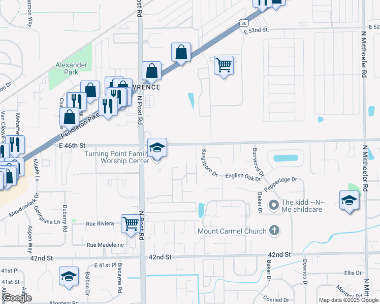 map of restaurants, bars, coffee shops, grocery stores, and more near 4568 Kingsboro Drive in Indianapolis