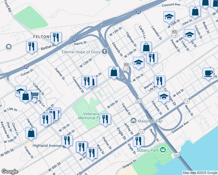 map of restaurants, bars, coffee shops, grocery stores, and more near 731 Jeffrey Street in Chester