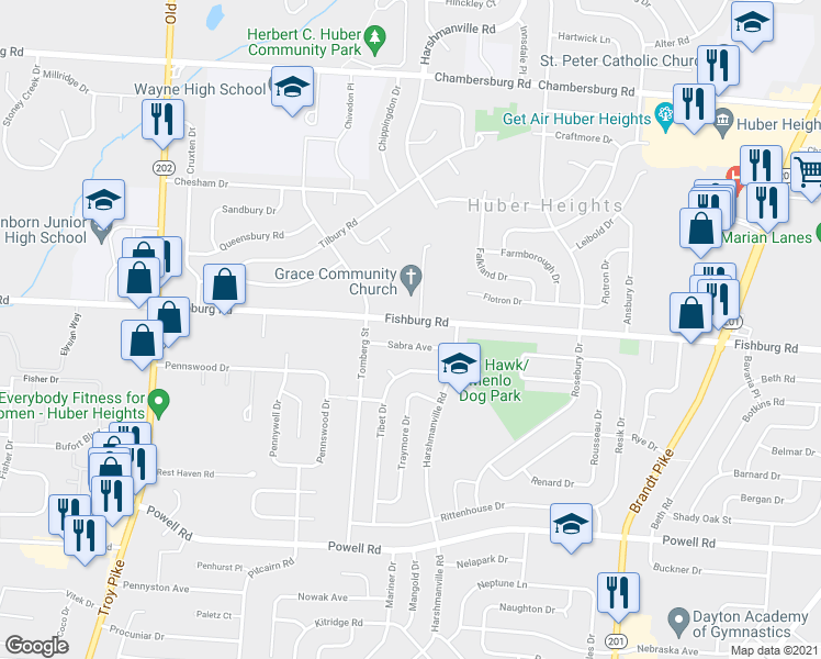 map of restaurants, bars, coffee shops, grocery stores, and more near 5004 Fishburg Road in Dayton