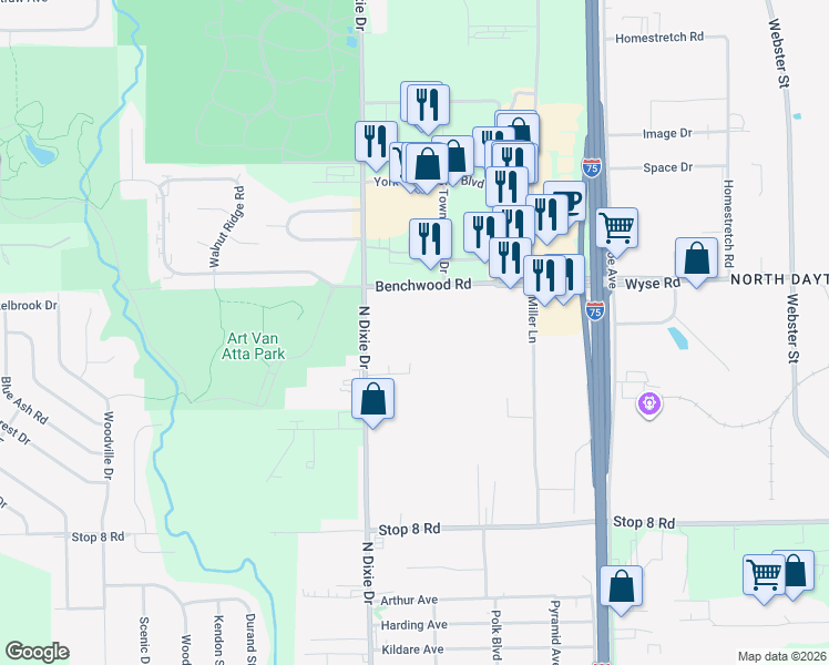 map of restaurants, bars, coffee shops, grocery stores, and more near 3294 Benchwood Road in Dayton