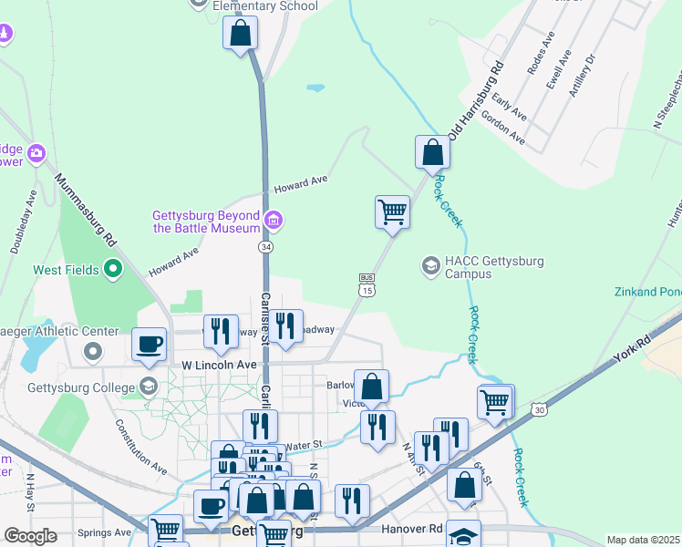 map of restaurants, bars, coffee shops, grocery stores, and more near 670 Old Harrisburg Road in Gettysburg