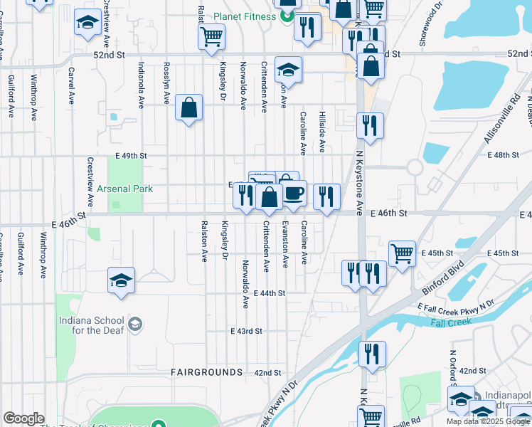 map of restaurants, bars, coffee shops, grocery stores, and more near E 46th St & Crittenden Ave in Indianapolis