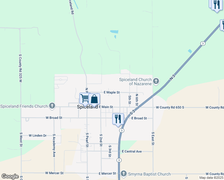 map of restaurants, bars, coffee shops, grocery stores, and more near 308 East Maple Street in Spiceland