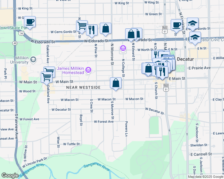 map of restaurants, bars, coffee shops, grocery stores, and more near 200 South Monroe Street in Decatur