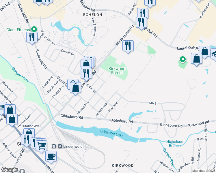map of restaurants, bars, coffee shops, grocery stores, and more near 1413 Locust Avenue in Voorhees Township