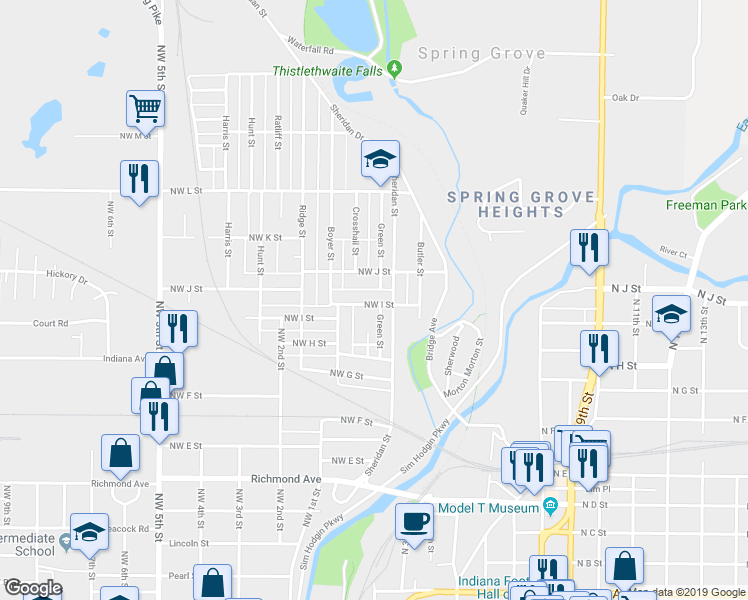 map of restaurants, bars, coffee shops, grocery stores, and more near 62 Northwest I Street in Richmond