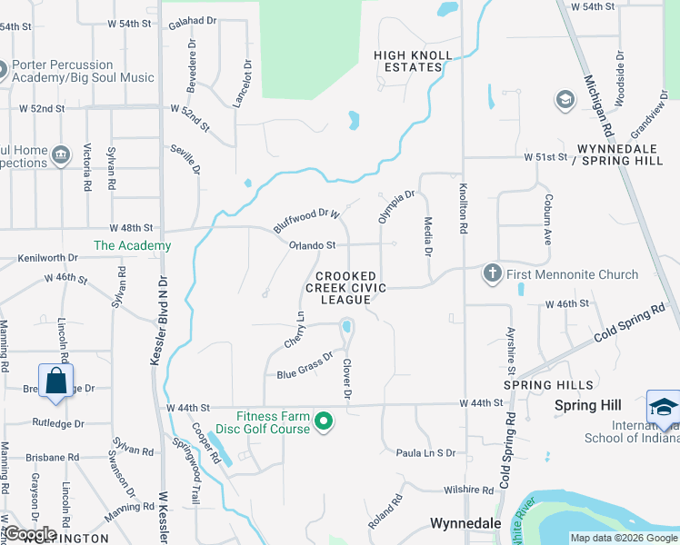 map of restaurants, bars, coffee shops, grocery stores, and more near 4638 Bluffwood Drive North in Indianapolis