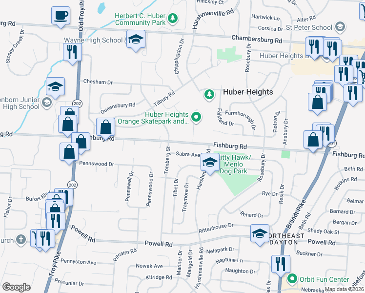 map of restaurants, bars, coffee shops, grocery stores, and more near 4973 Sabra Avenue in Huber Heights