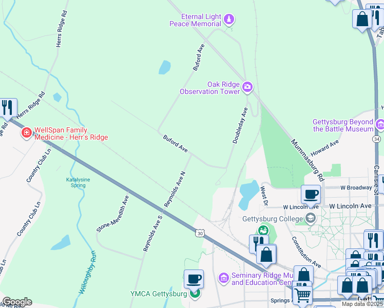 map of restaurants, bars, coffee shops, grocery stores, and more near Buford Avenue in Gettysburg